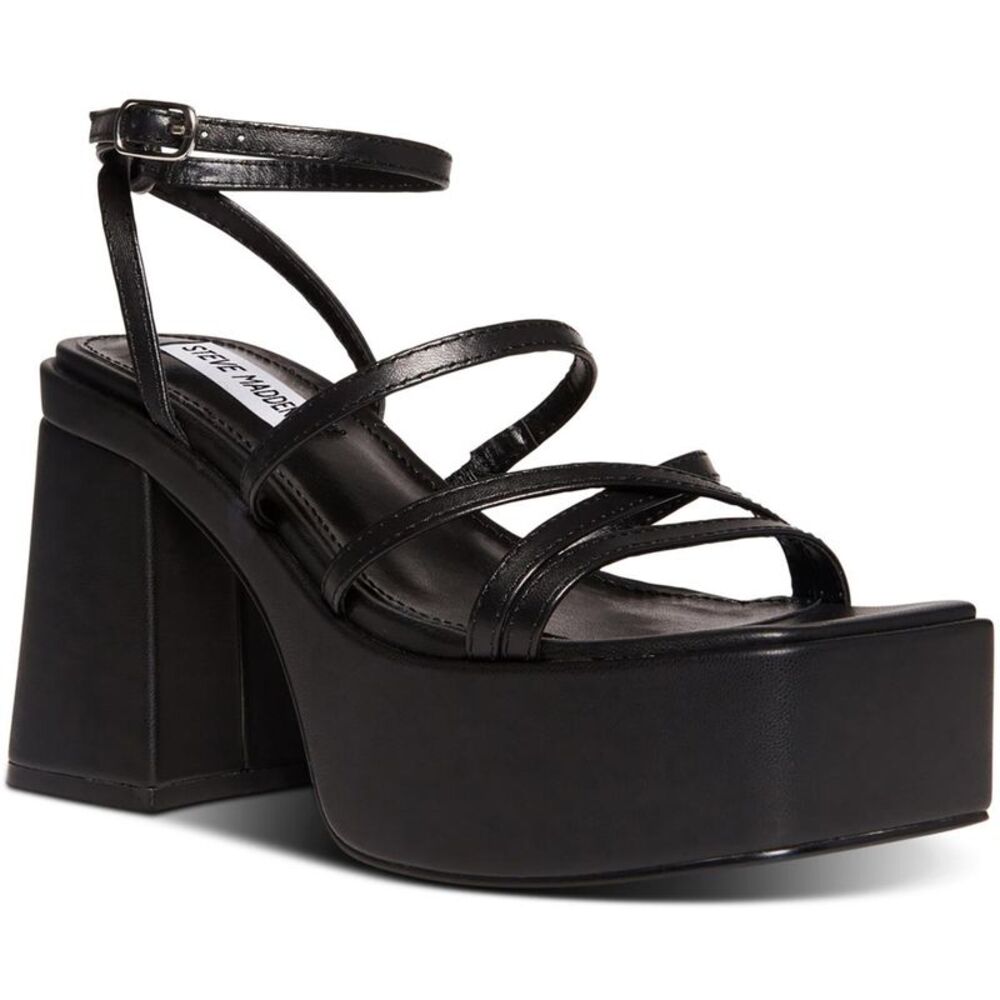 Steve Madden Womens Barb Black Leather Ankle Strap Platform Heels Shoes NWT